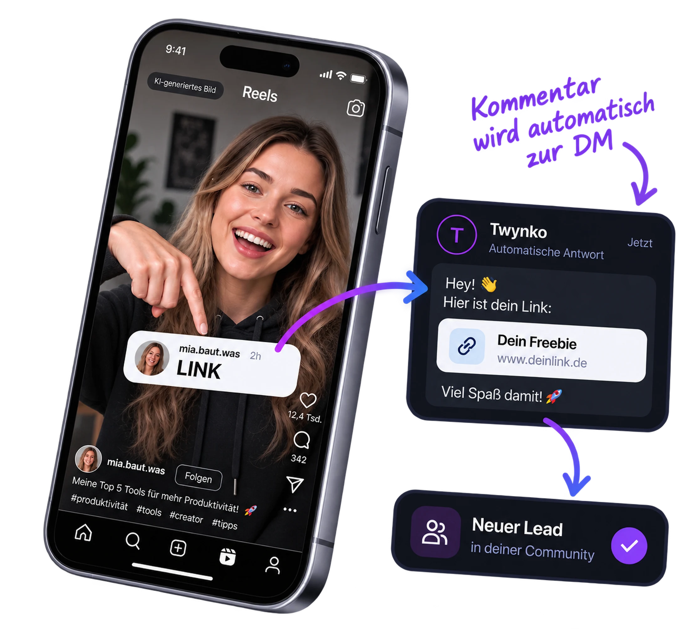 Der Ablauf in drei Schritten: Unter dem Instagram-Reel einer Creatorin kommentiert mia.baut.was das Wort LINK. Twynko antwortet automatisch per Direktnachricht mit einer Begrüßung und dem Link zum Freebie. Daraus wird ein neuer Lead in deiner Community.
