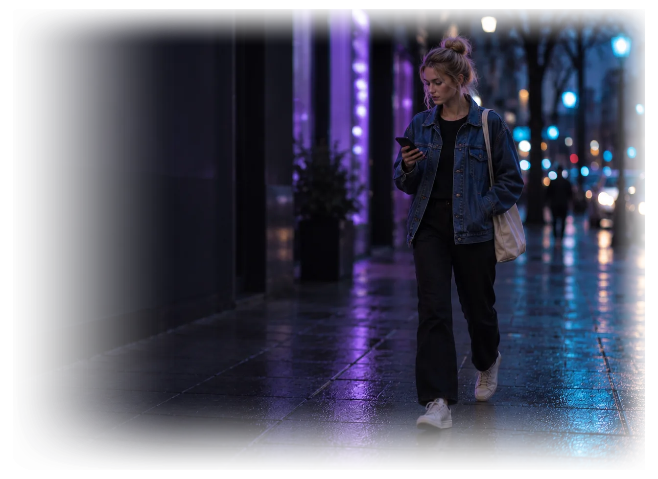 Eine junge Frau geht abends einen Gehweg entlang und schaut im Gehen kurz auf ihr Handy.